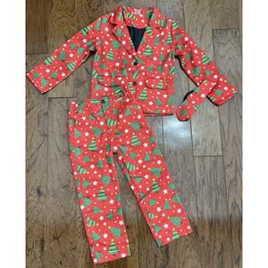 Boys 3-piece Ugly Christmas Suit Jacket Pants Tie Red Trees Small Halloween READ